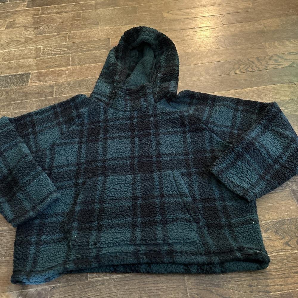 Victorias Secret Pink Sherpa Funnel Neck Hoodie Green Plaid‎ Womens Large Soft